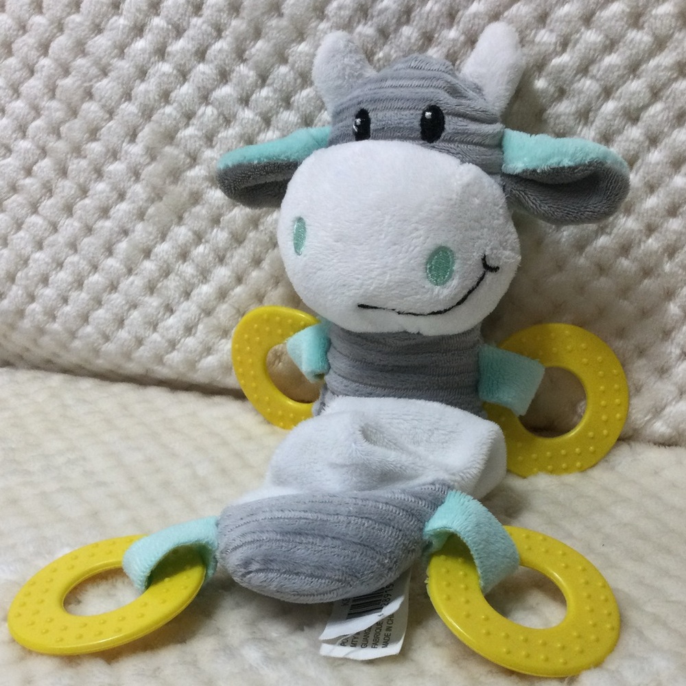 MTY Inter Stretch N Scrunch Plush Grey Teal Cow Rattle w Yellow Teething Rings